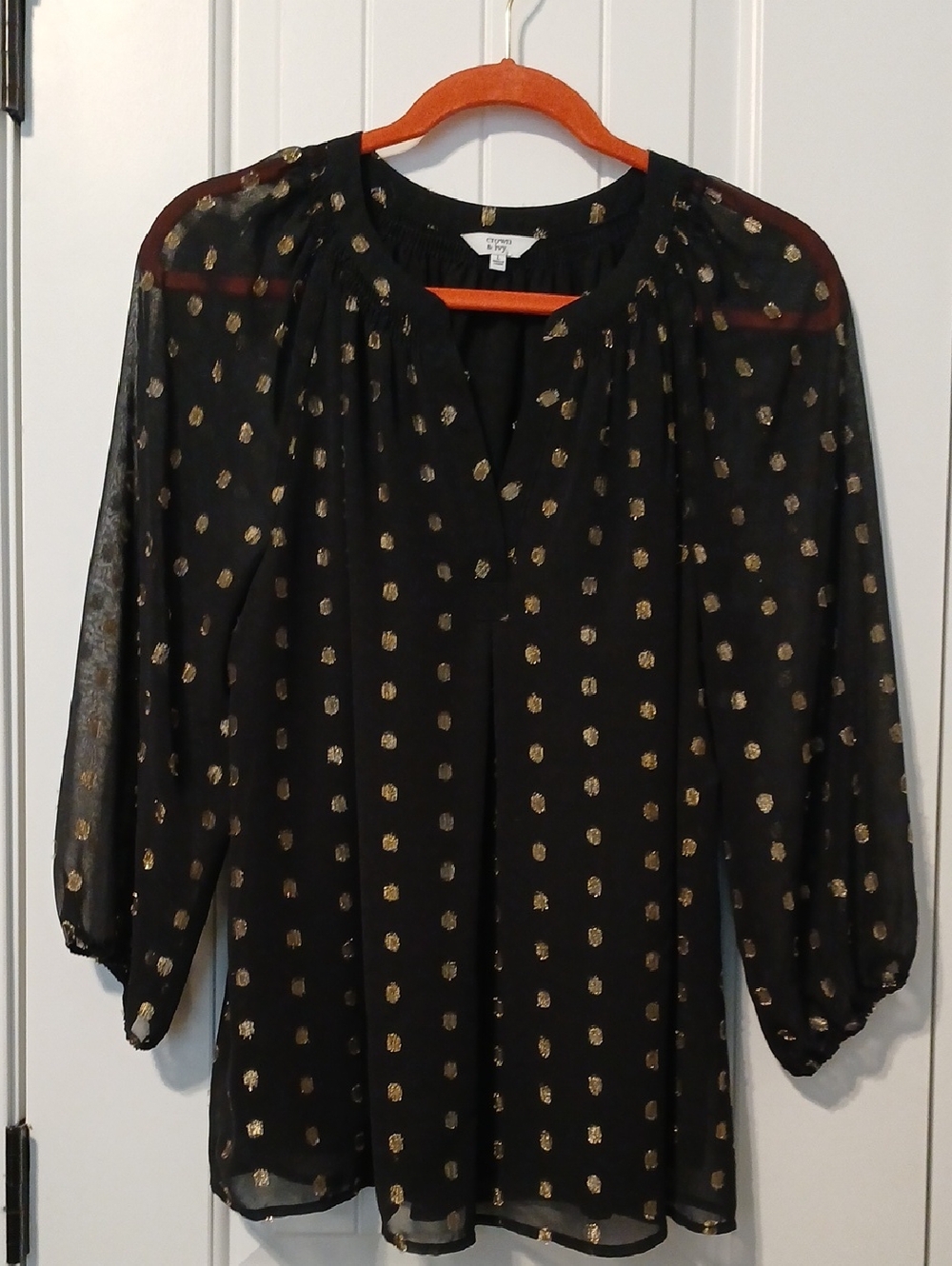 crown & ivy Black Sheer Blouse with Gold Dot Accents